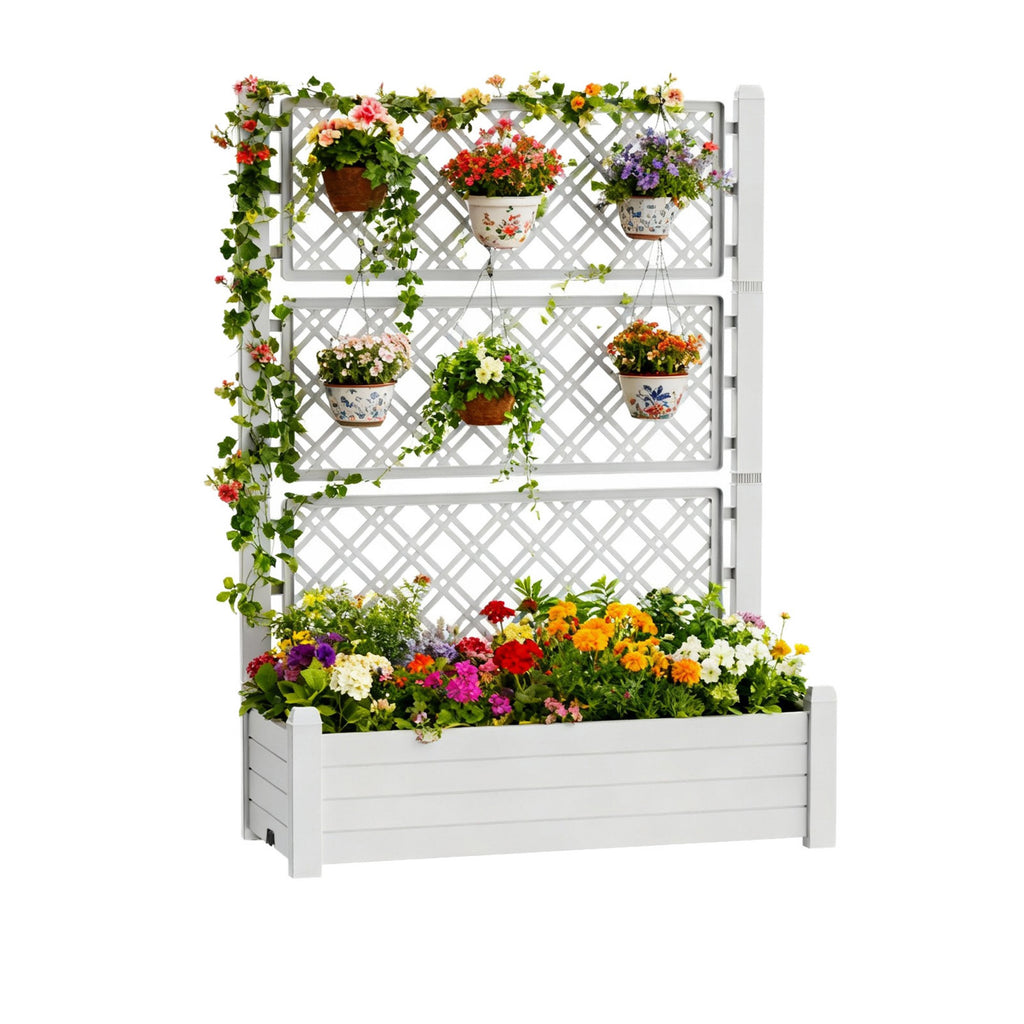 Planter Box with Trellis & Wheels, Large Raised Garden Bed, Outdoor Plastic Planter for Climbing Plants