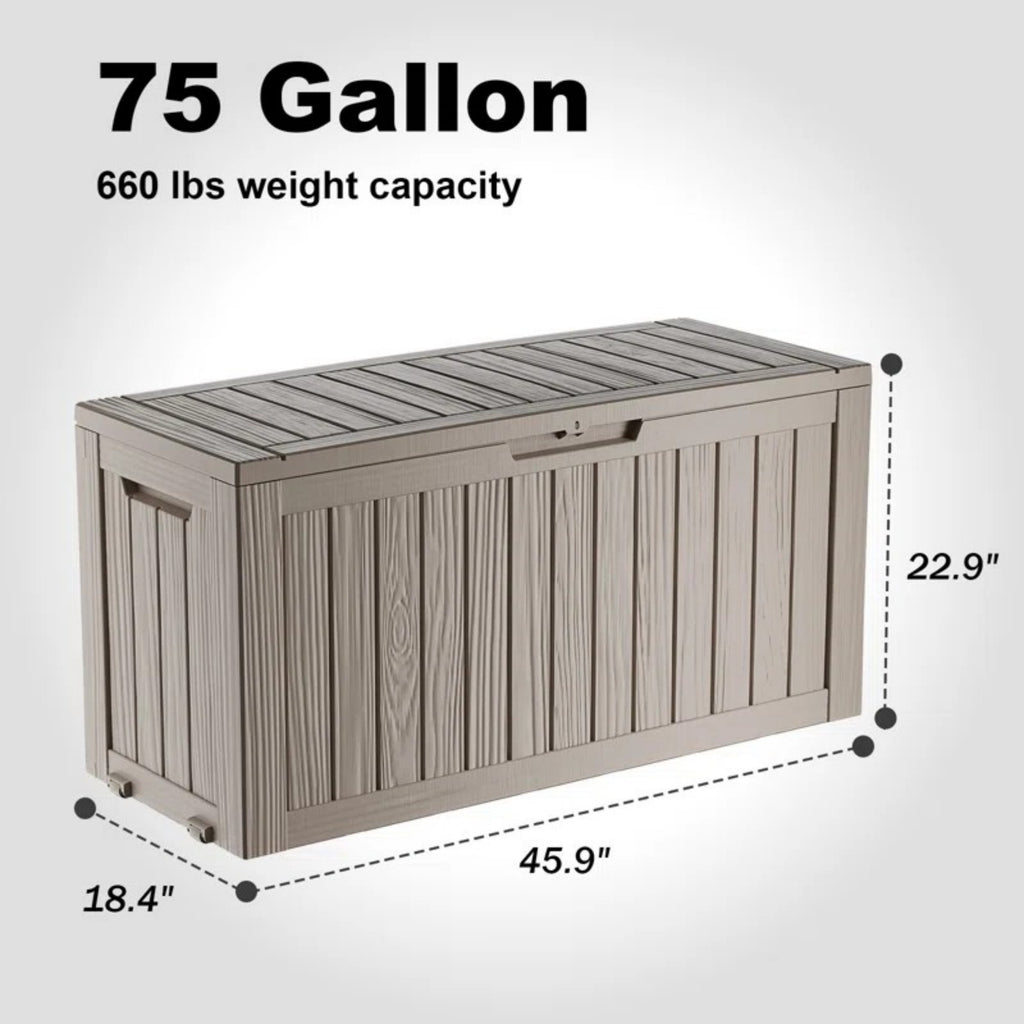 75 Gallon Outdoor Deck Box, Water-Resistant Resin Storage Box with Lockable Lid for Patio