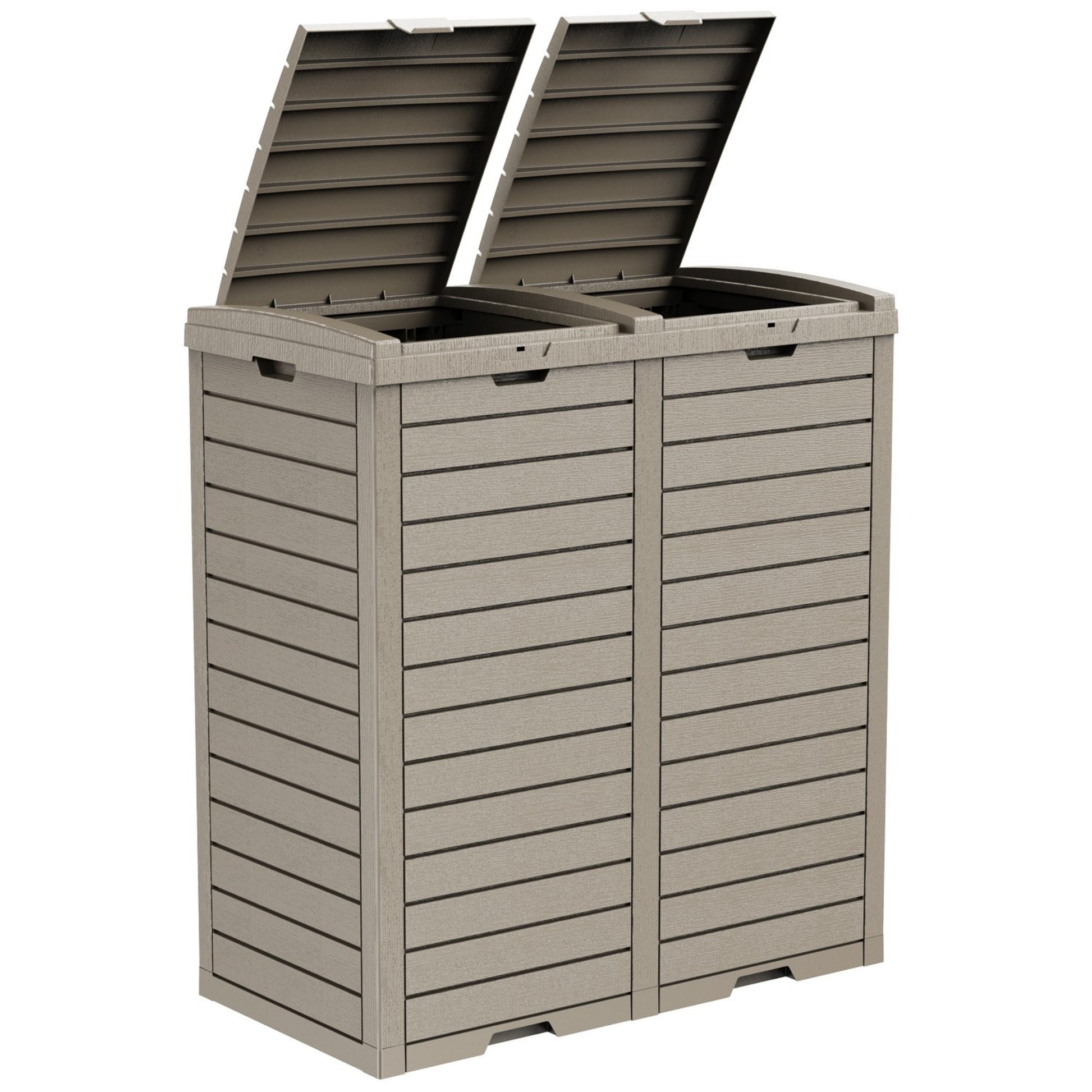 62 Gallon Outdoor Trash Bin, Resin Manual Lift Garbage & Recycling Storage Deck Box with Double-Bucket
