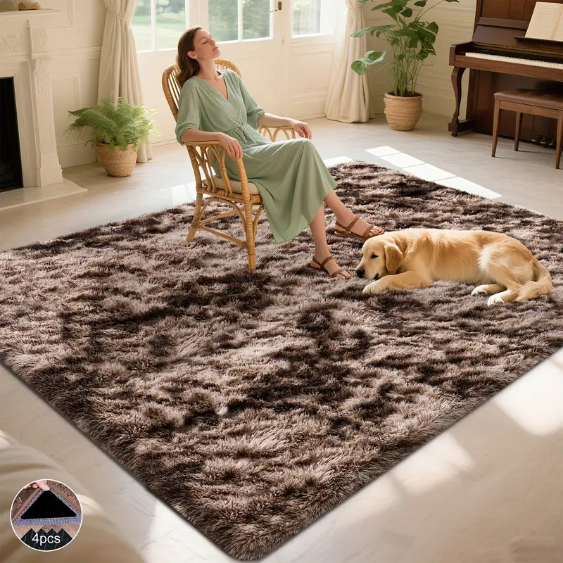 Brown Tie-Dye Shag Rug, Soft Plush Carpet with 4 Non-Slip Pads, Multiple Sizes for Bedroom or Living Room