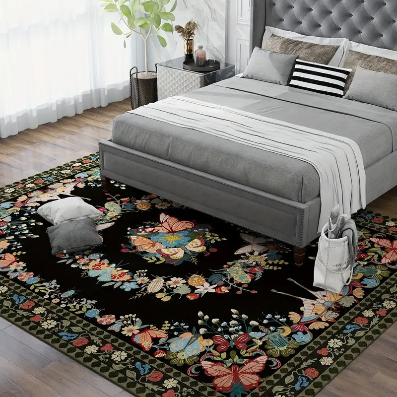 Black Butterfly Floral Washable Area Rug, Low Pile Non-Slip Indoor Carpet for Living Room & Bedroom