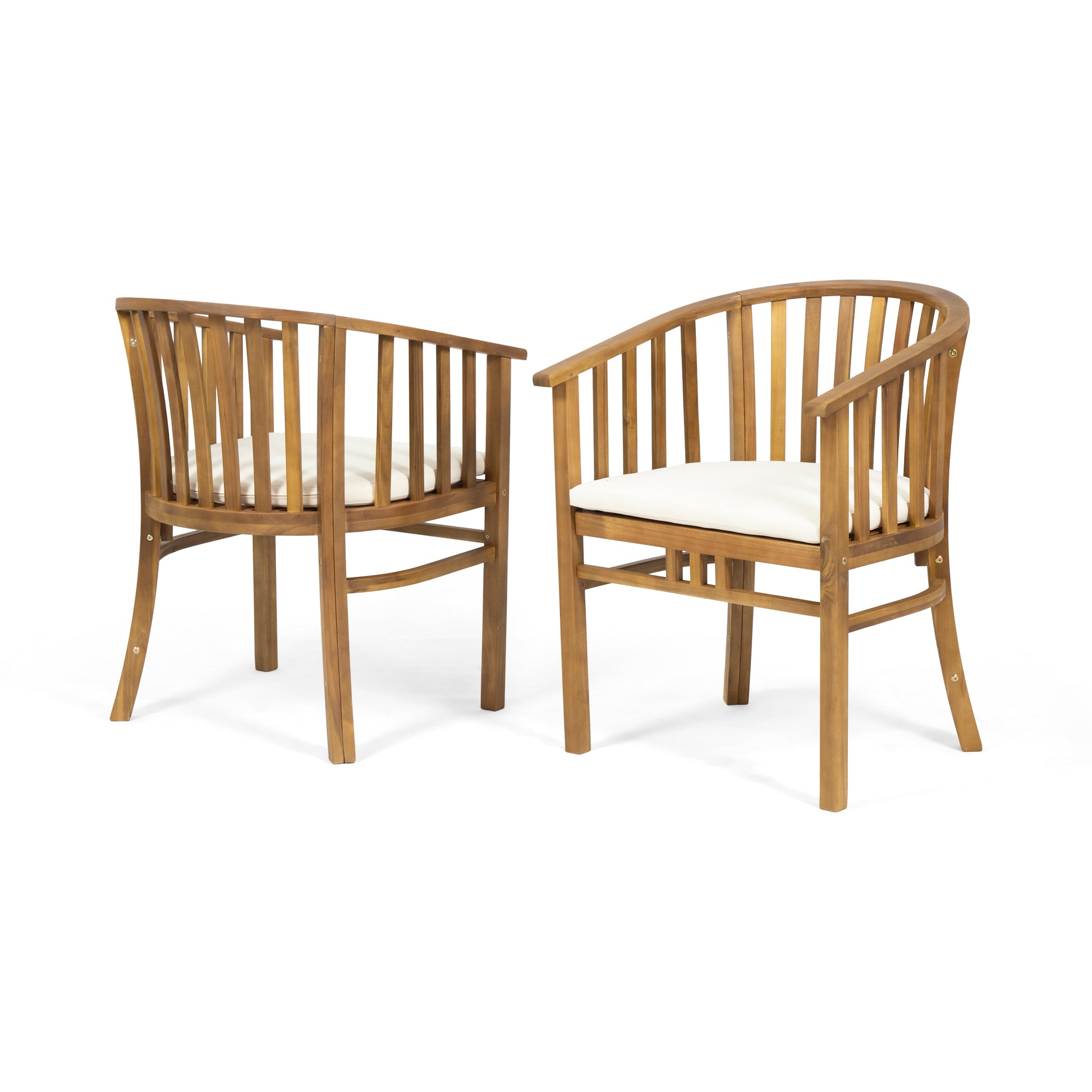 2-Pack Outdoor Wooden Dining Chairs with Cream Cushions, Teak Finish Weather-Resistant Patio Seating