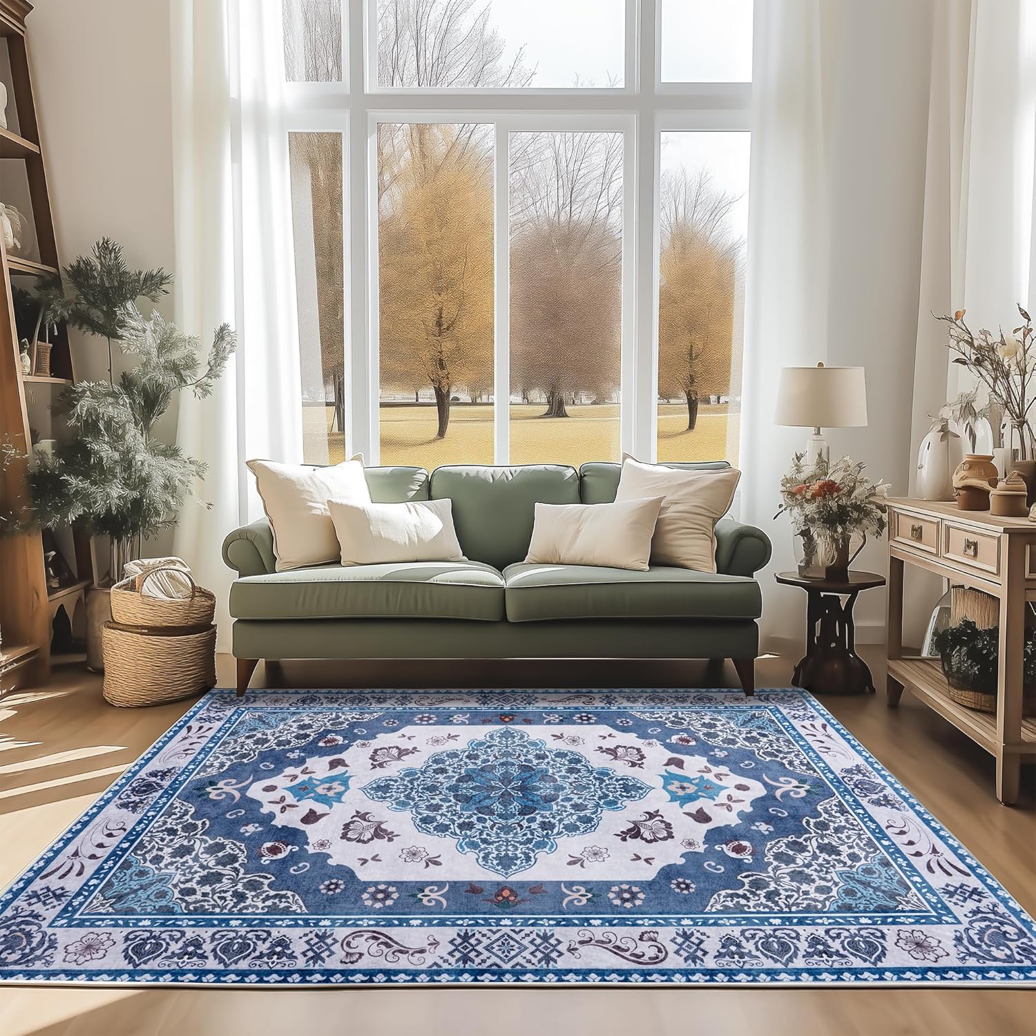Washable Traditional Area Rug, Thin Foldable Distressed Floral Non-Slip Carpet for Bedroom Living Room Kitchen