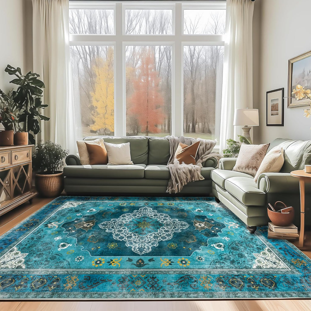 Washable Traditional Area Rug, Thin Foldable Distressed Floral Non-Slip Carpet for Bedroom Living Room Kitchen