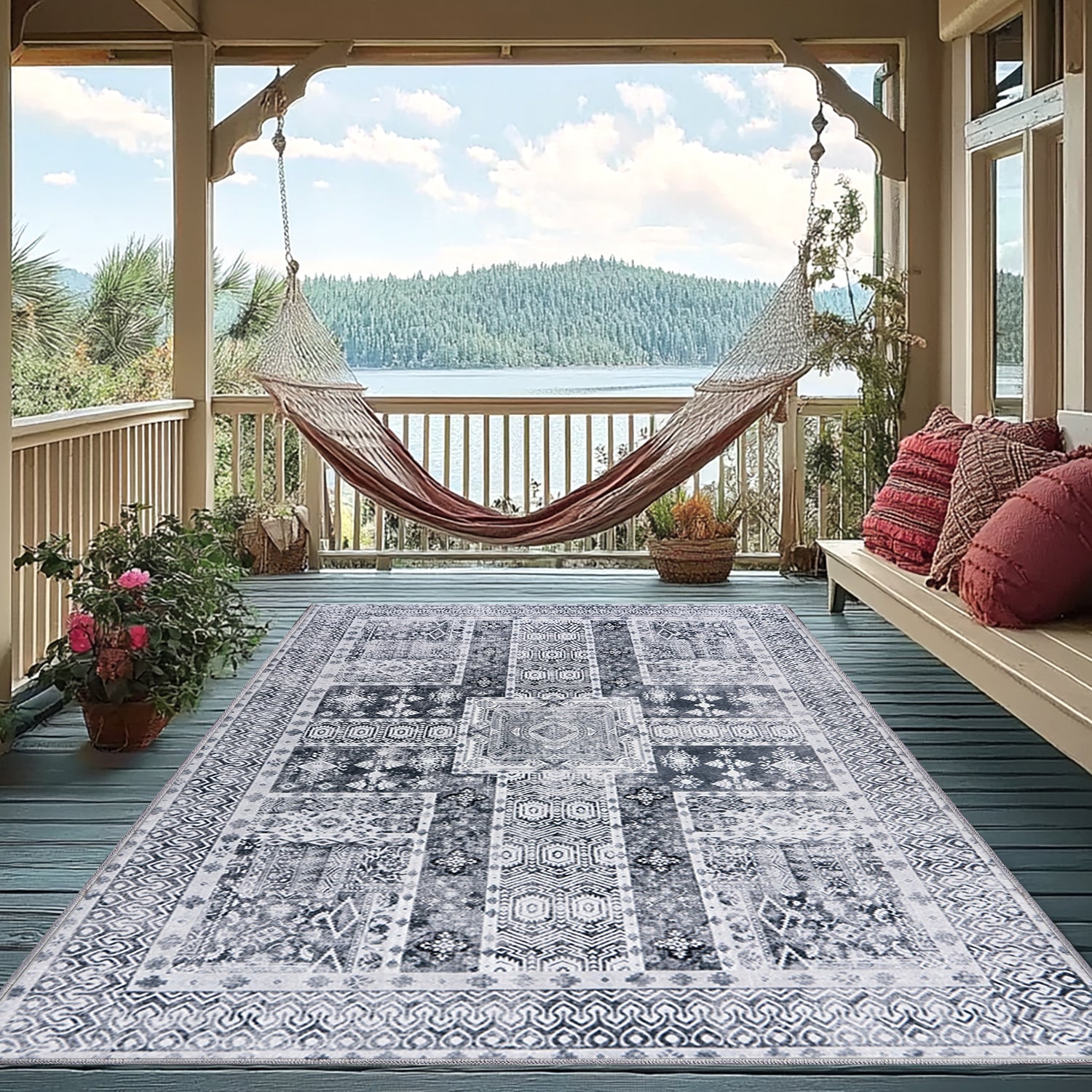 5x7ft Washable Vintage Area Rug, Thin Foldable Non-Slip Distressed Floral Carpet for Bedroom Living Room Bathroom