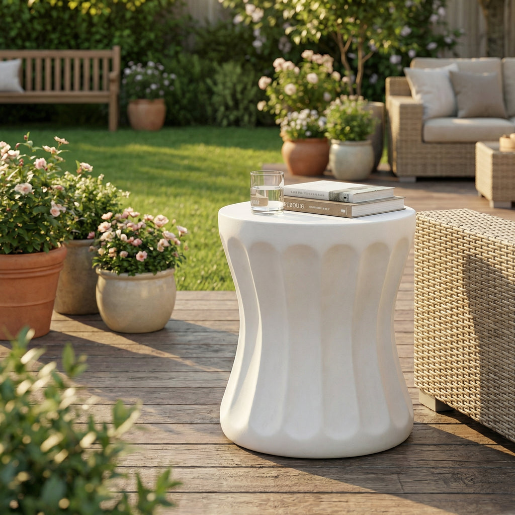 Cylindrical Outdoor Side Table, Lightweight Concrete MGO, No Assembly, Versatile for Patio & Home, 15x15x18 Inch White