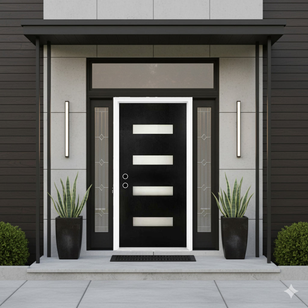 Chic Crate 36x80 Fiberglass Entry Door with Frosted Glass, Left Hand Inswing, Brickmould & Vinyl Frame