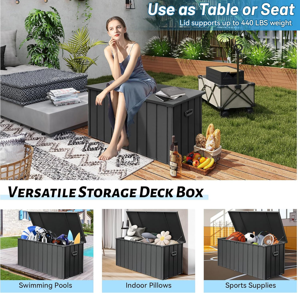 190 Gallon Patio Steel Storage Deck Box, Waterproof Lockable Bin for Cushions, Pillows & Tools