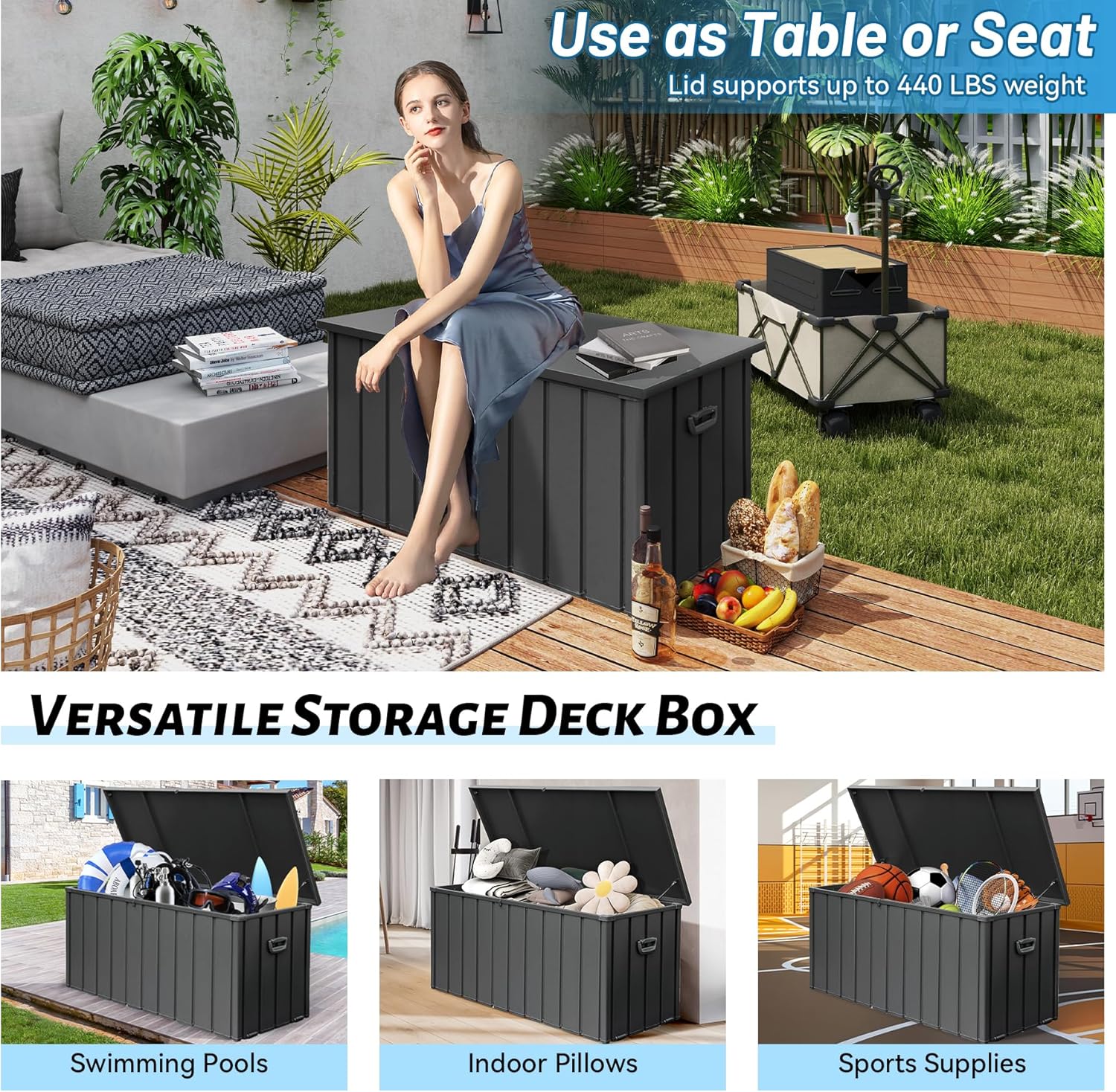 190 Gallon Patio Steel Storage Deck Box, Waterproof Lockable Bin for Cushions, Pillows & Tools