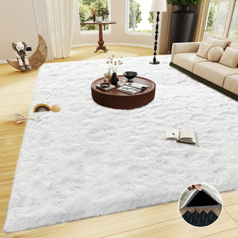 White Shaggy Area Rug with 4 Reusable Stickers, Super Soft Fluffy Non-Slip Carpet for Living Room