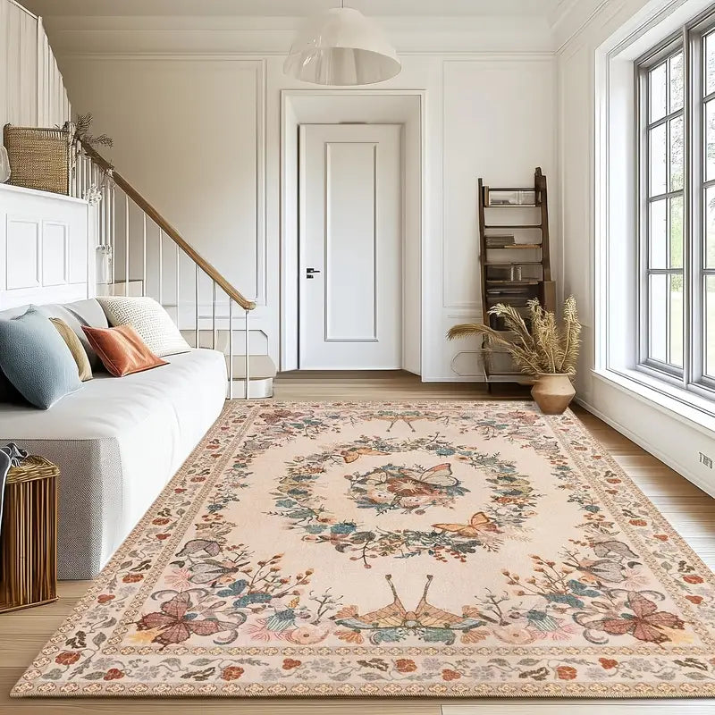 Large Beige Butterfly Floral Area Rug, Ultra-Thin Non-Slip Washable Mat for Living Room & Bedroom