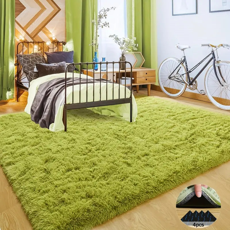 Grass Green Fluffy Shag Area Rug with Non-Slip Base & 4 Reusable Stickers, Soft Plush Mat