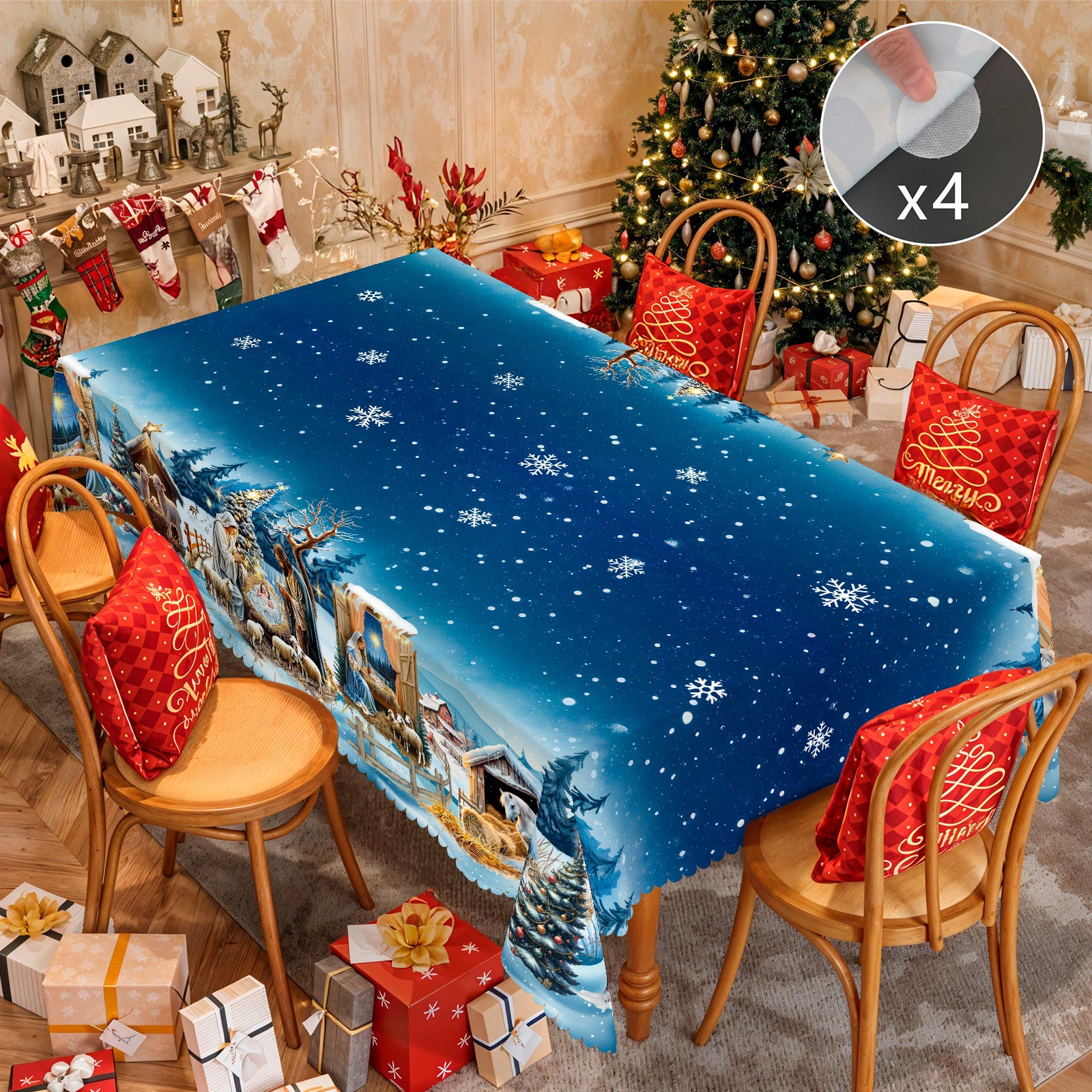 Christmas Tablecloth, Snowman Snowflake Stain-Resistant Dining Table Cover for Holiday Decor