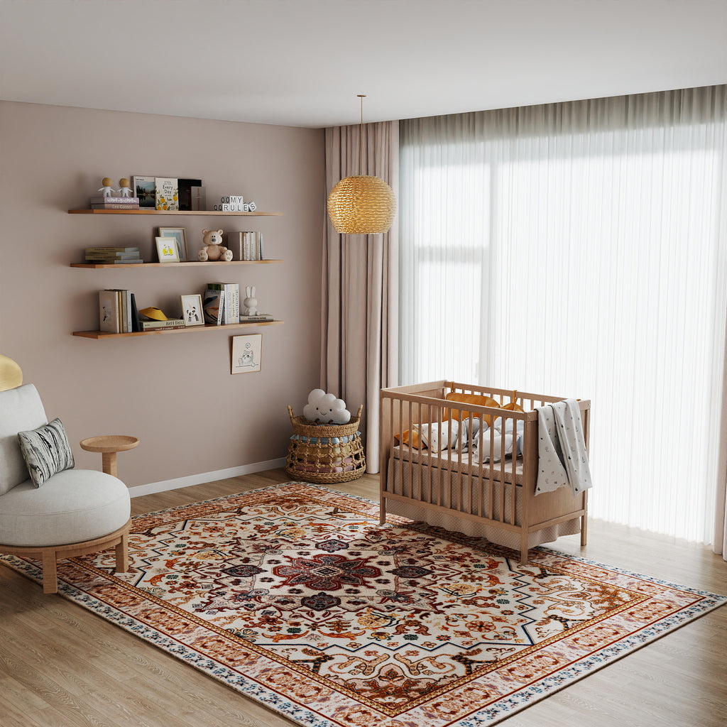 5x7ft Washable Traditional Area Rug, Thin Distressed Non-Slip Carpet for Living Room Bedroom Kitchen Dining Room Home Decor