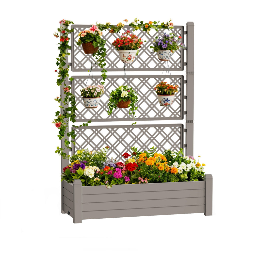 Planter Box with Trellis & Wheels, Large Raised Garden Bed, Outdoor Plastic Planter for Climbing Plants