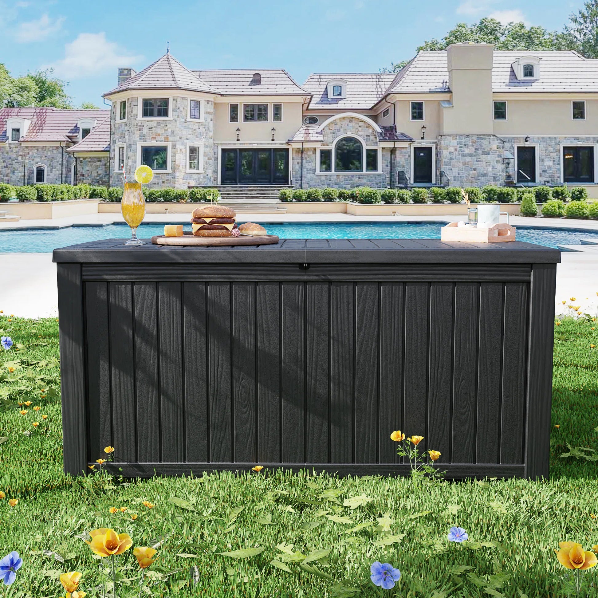180 Gallon Resin Deck Box, Water-Resistant Lockable Outdoor Storage Box for Patio Organization