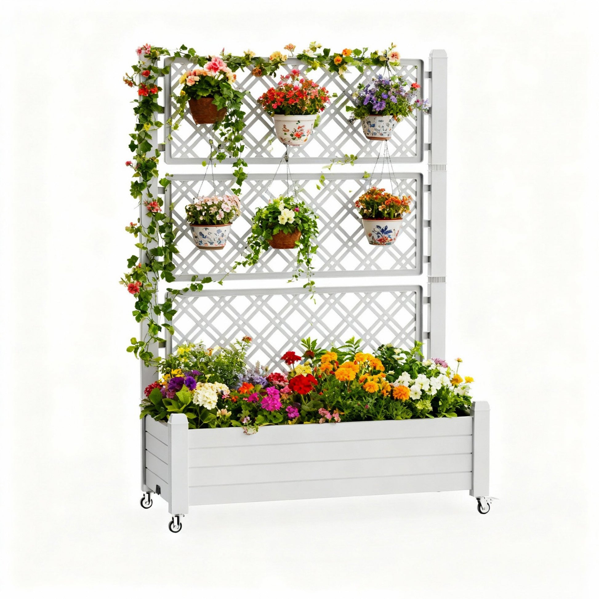 Planter Box with Trellis & Wheels, Large Raised Garden Bed, Outdoor Plastic Planter for Climbing Plants