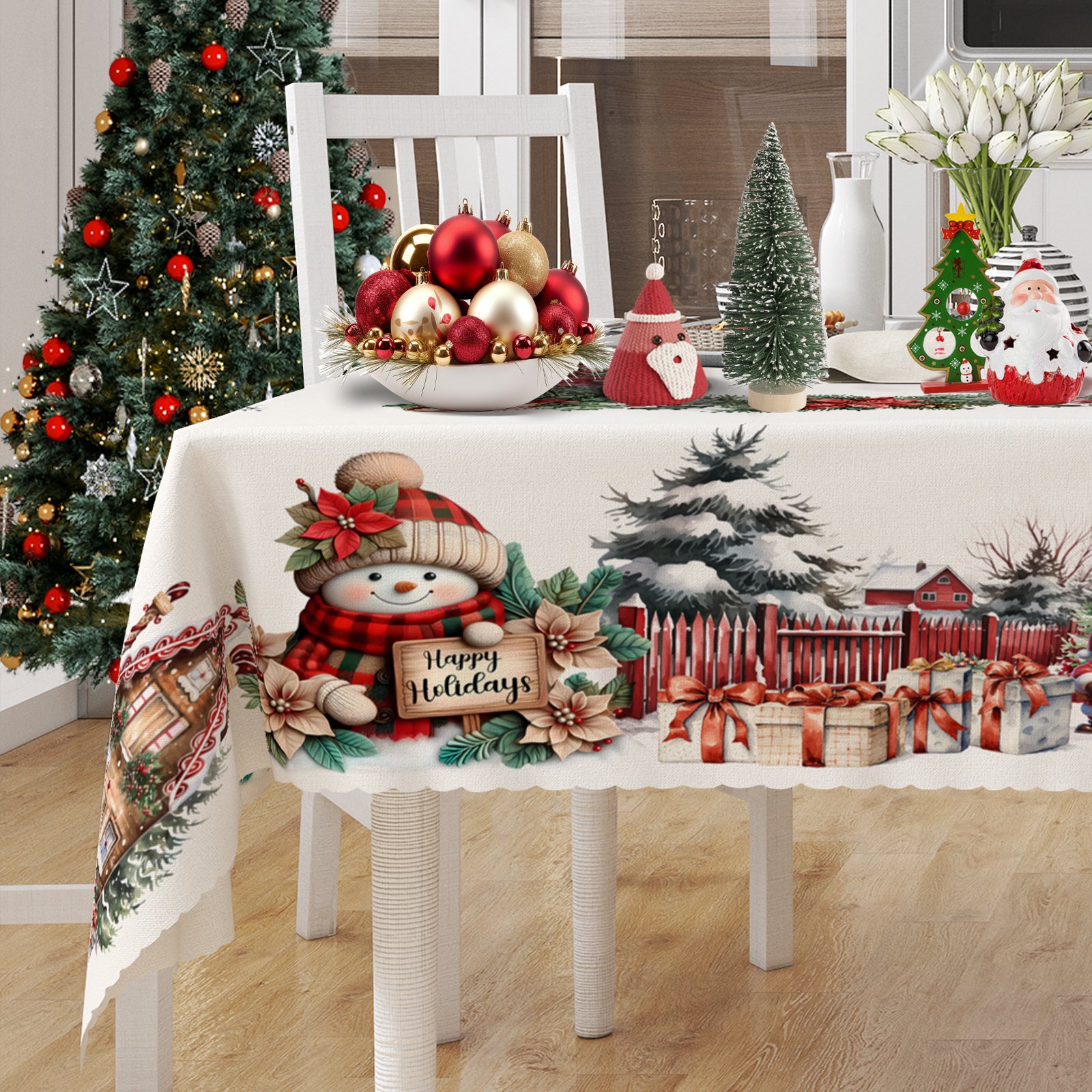 Christmas Tablecloth with Santa, elk and Wreath Designs, Dustproof Dining Table Cover for Holiday Decor