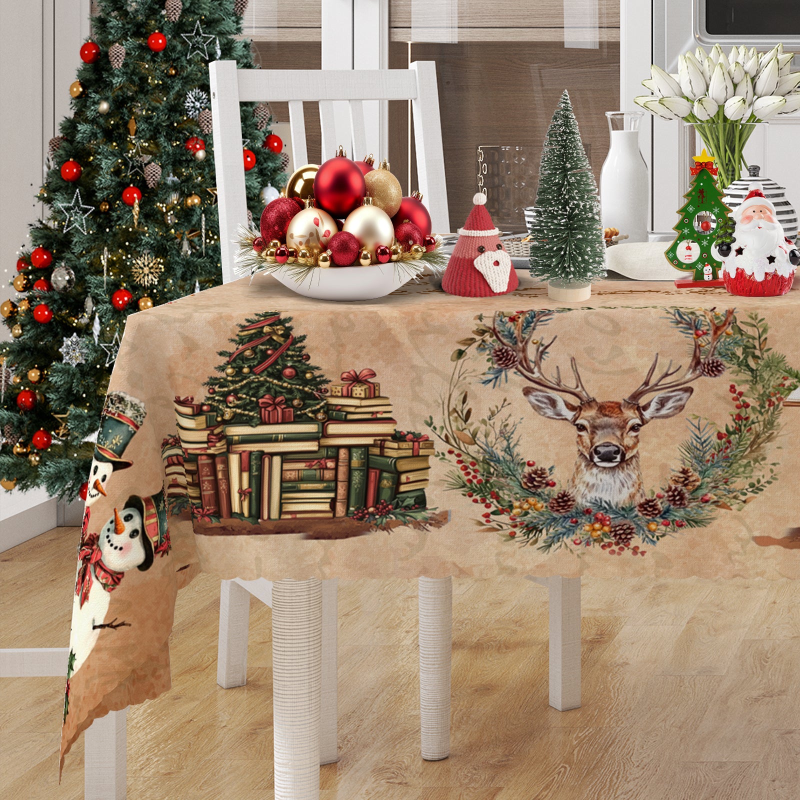 Christmas Tablecloth, Santa Claus and Christmas tree Stain-Resistant Table Cover for Dining Table Holiday Decor