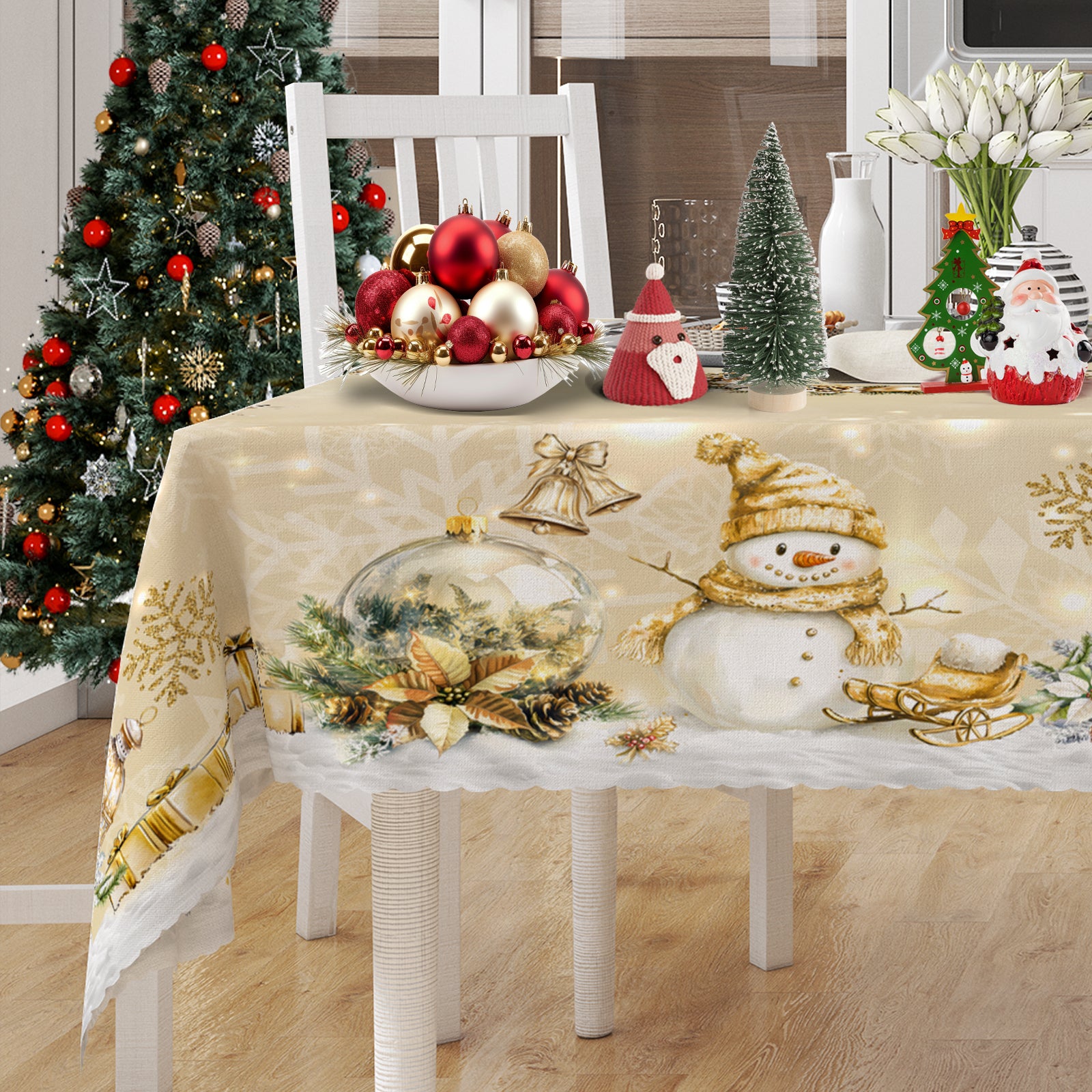 Christmas Tablecloth, Snowman Tablecloth, Christmas Tree Tablecloth Washable Table Cover for Home Kitchen Holiday Deco
