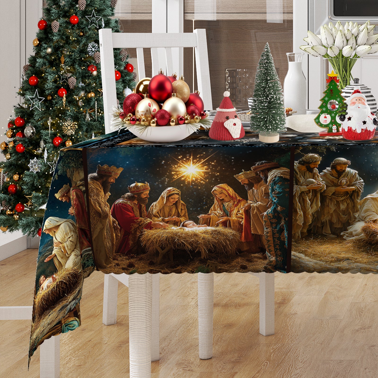 Christmas Tablecloth, Snowman Snowflake Stain-Resistant Dining Table Cover for Holiday Decor