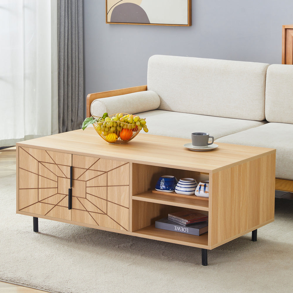 Chic Crate - Spider Web Textured MDF Coffee Table, Art Geo Design & Practical Use, Natural Wood Tones 43x24x18in