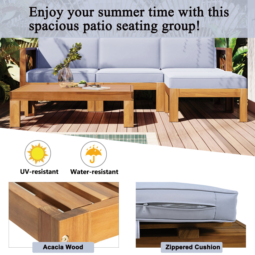 Chic Crate-5-Piece Wood Outdoor Patio Sectional Sofa Set with Water-Resistant Gray Cushions for Backyard, Porch, Deck - Natural Finish