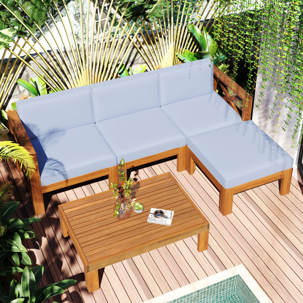 Chic Crate-5-Piece Wood Outdoor Patio Sectional Sofa Set with Water-Resistant Gray Cushions for Backyard, Porch, Deck - Natural Finish