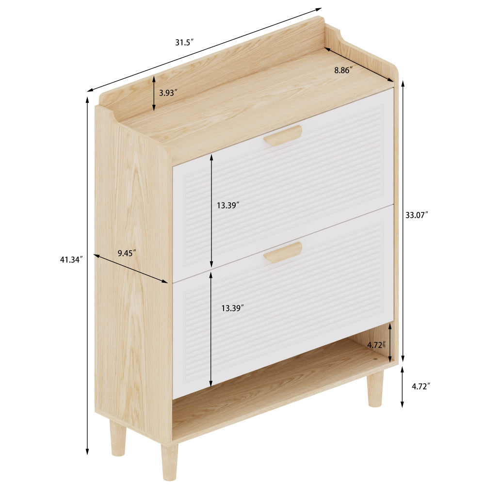 Chic Crate-31.5in Nordic Shoe Storage Cabinet – 2 Flip-Drawer Organizer | Solid Wood Legs | Entryway/Narrow | White/Solid Wood