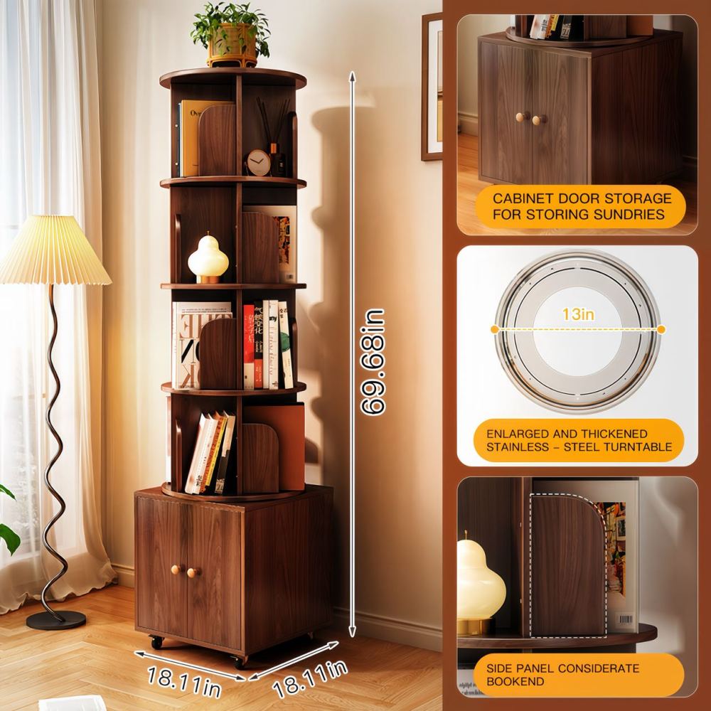 Chic Crate 360° Rotating 5-Tier Corner Bookshelf with Drawer, Narrow Floor Bookcase for Small Spaces