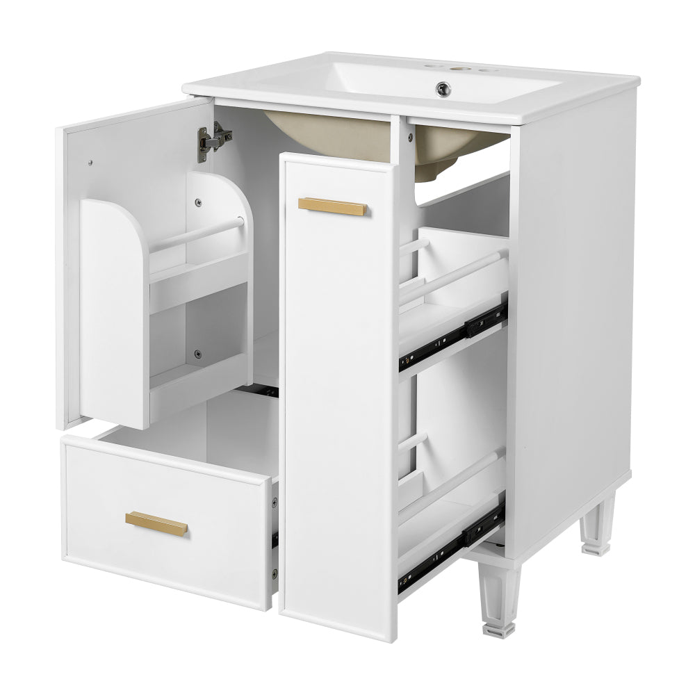 Chic Crate-24" Modern Bathroom Vanity – Sink & Deep Drawer | 2-Tier Pull-Out Basket | Solid Wood Frame | White