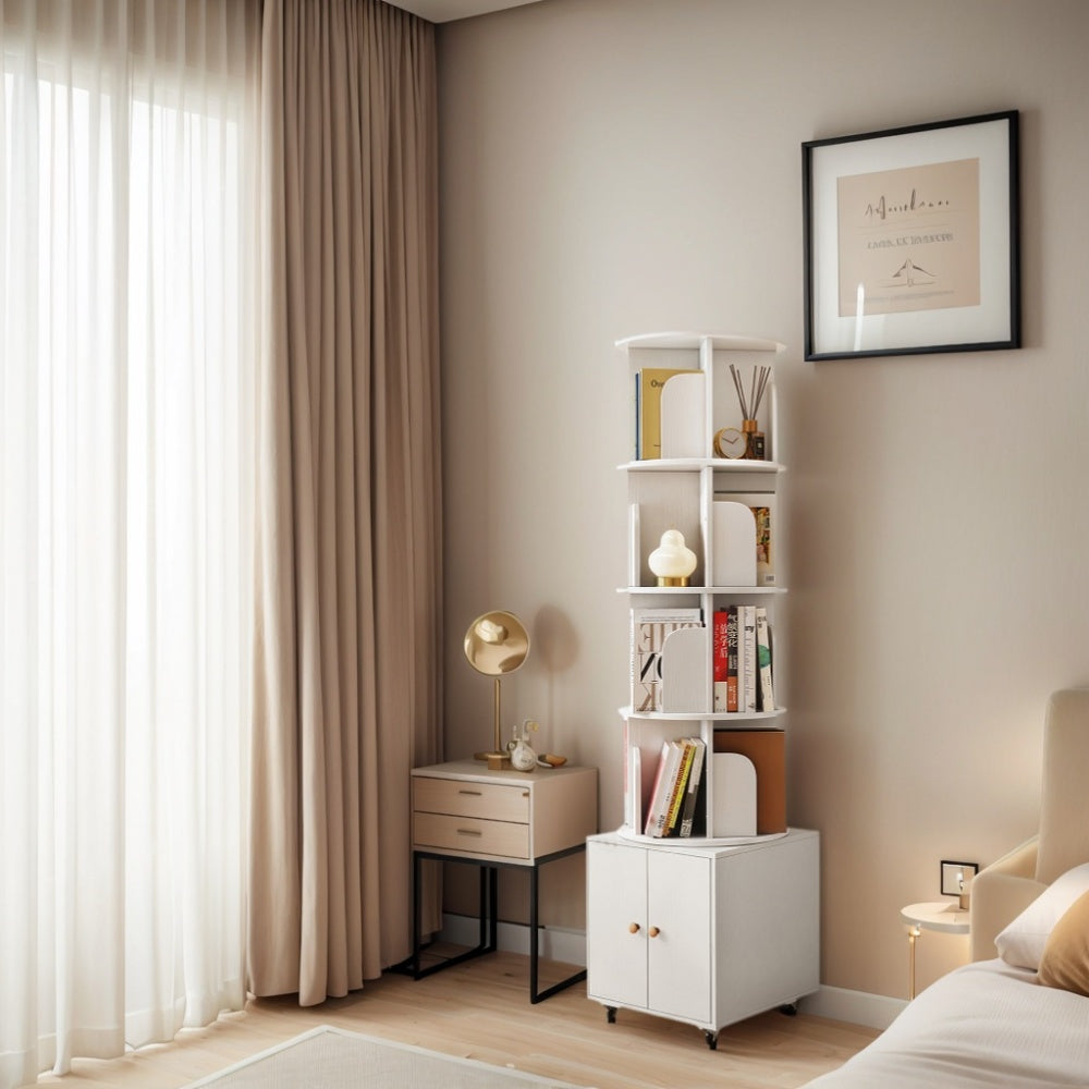 Chic Crate 360° Rotating 5-Tier Corner Bookshelf with Drawer, Narrow Floor Bookcase for Small Spaces