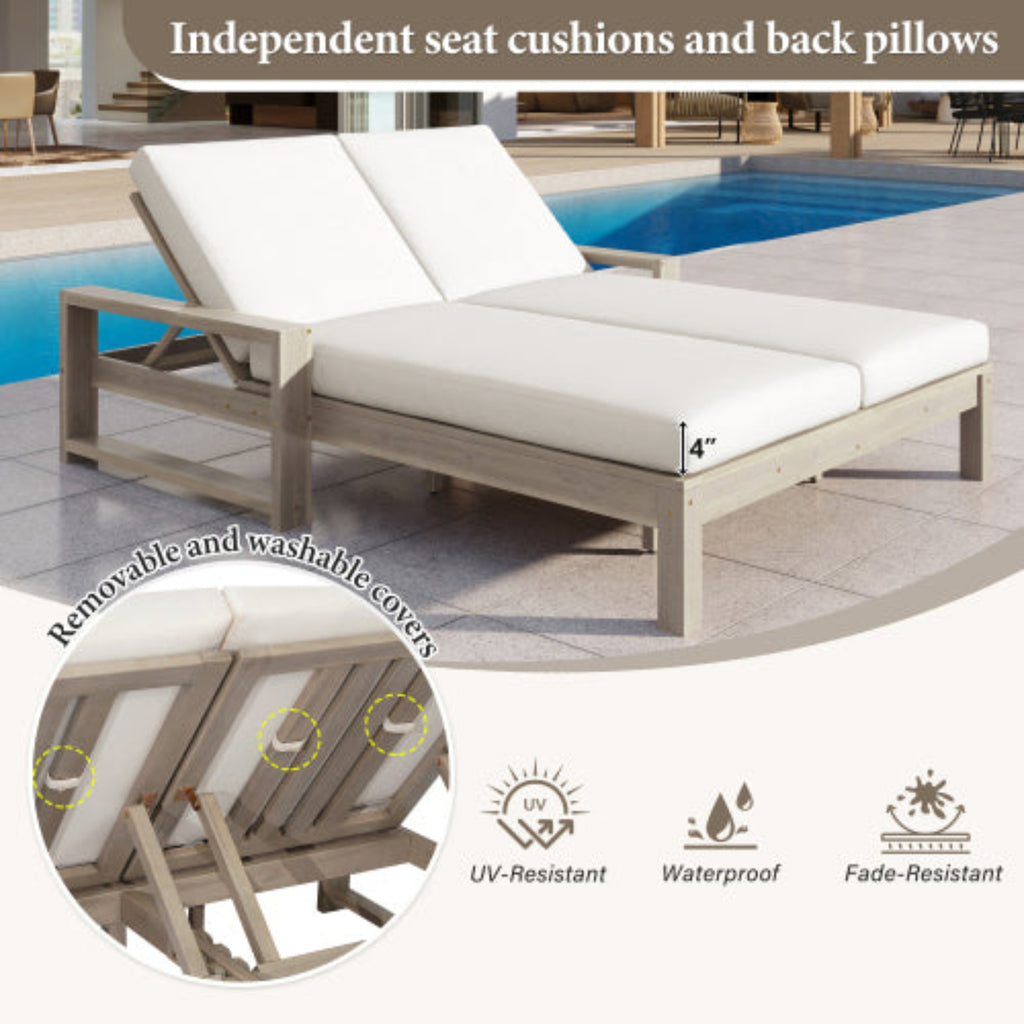 Outdoor Double Lounge Chair with Adjustable Backrest and Cushions for Patio Poolside and Garden