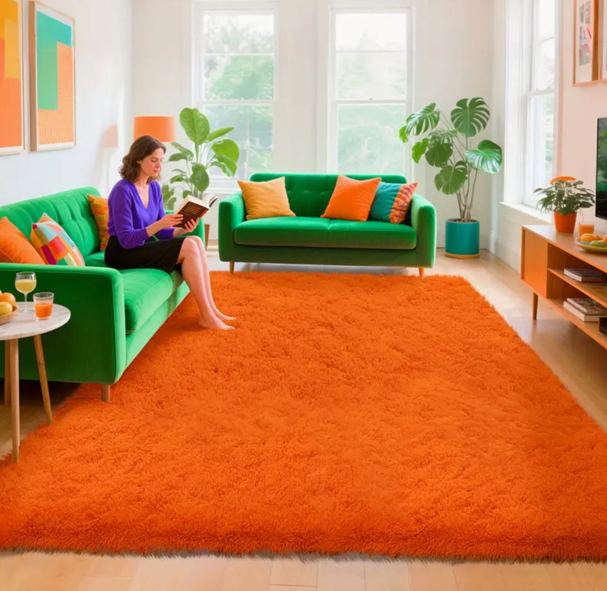 Orange Shag Rug, Ultra Soft 1.7" Thick, Non-Slip, 100% Polyester, Square & Round for Bedroom/Living Room