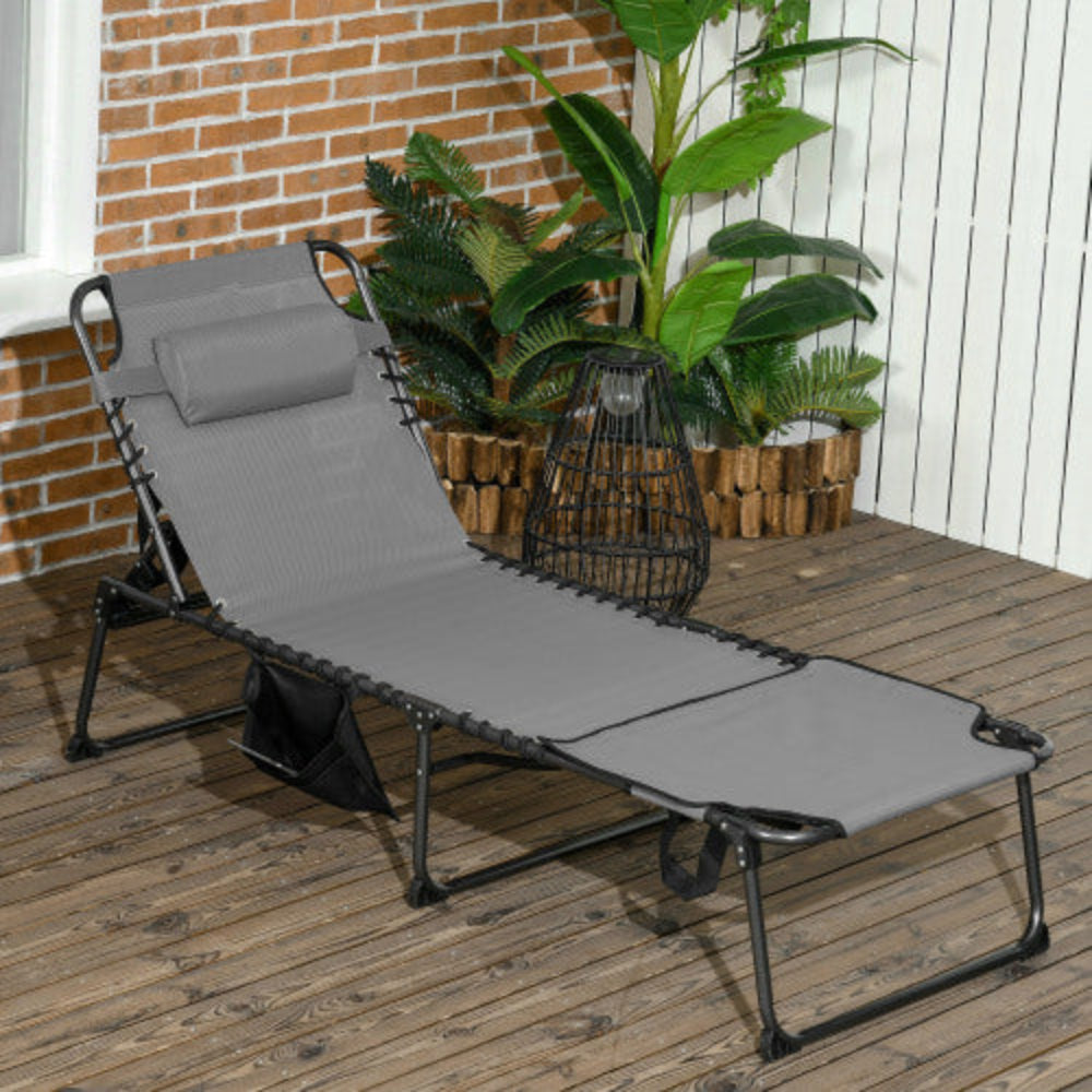 Folding Chaise Lounge, Outdoor Tanning Chair with Reading Face Hole, Side Pocket & Headrest, Beach Yard Patio, Gray