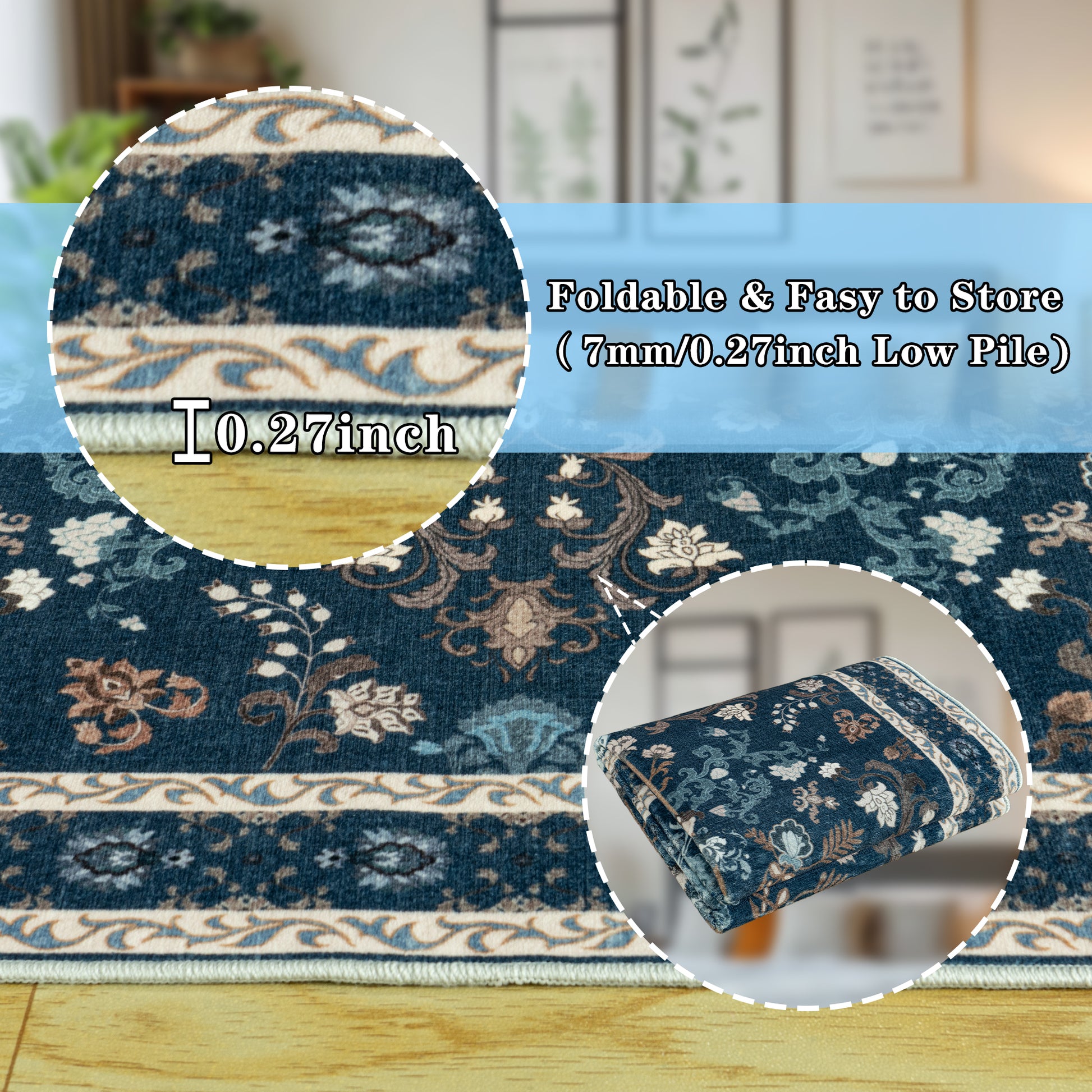 Area Rugs for Living Room Vintage Floral Non-Slip Rug Stain Resistant Low Pile Carpets for Bedroom Dining Room Farmhouse