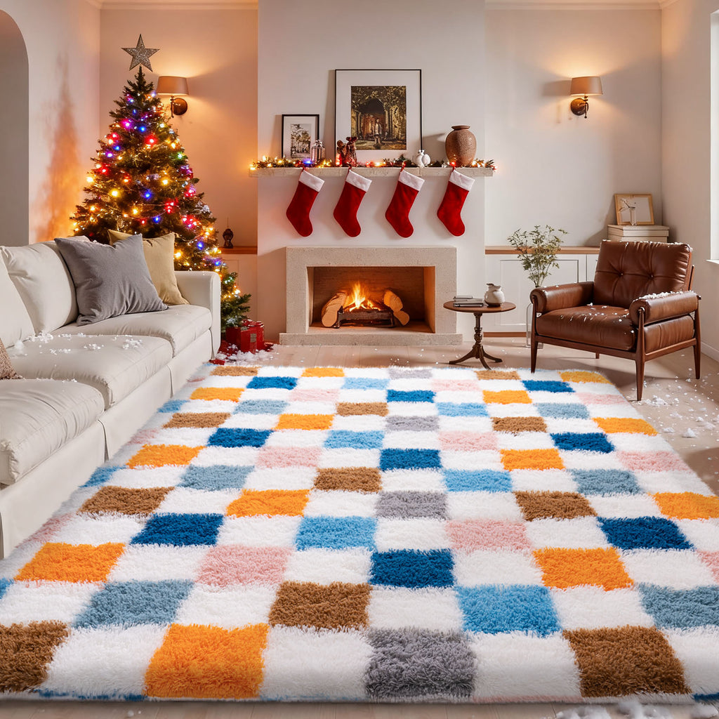 5x7 Feet Checkered Area Rugs For Living Room, Black Modern Super Soft Fluffy Rugs for Bedroom Home Aesthetic Decor