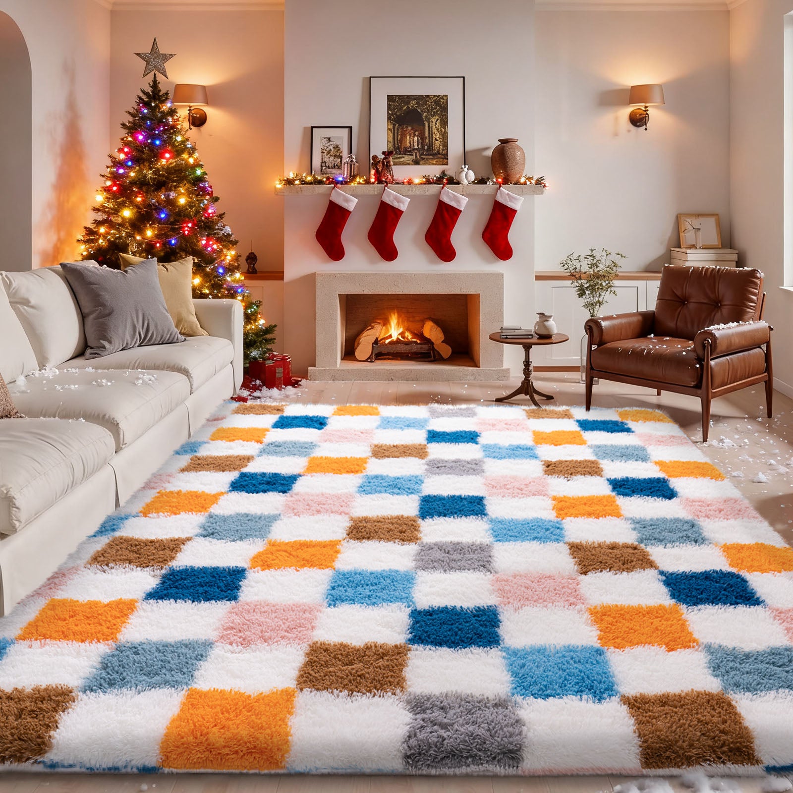 5x7 Feet Checkered Area Rugs For Living Room, Black Modern Super Soft Fluffy Rugs for Bedroom Home Aesthetic Decor