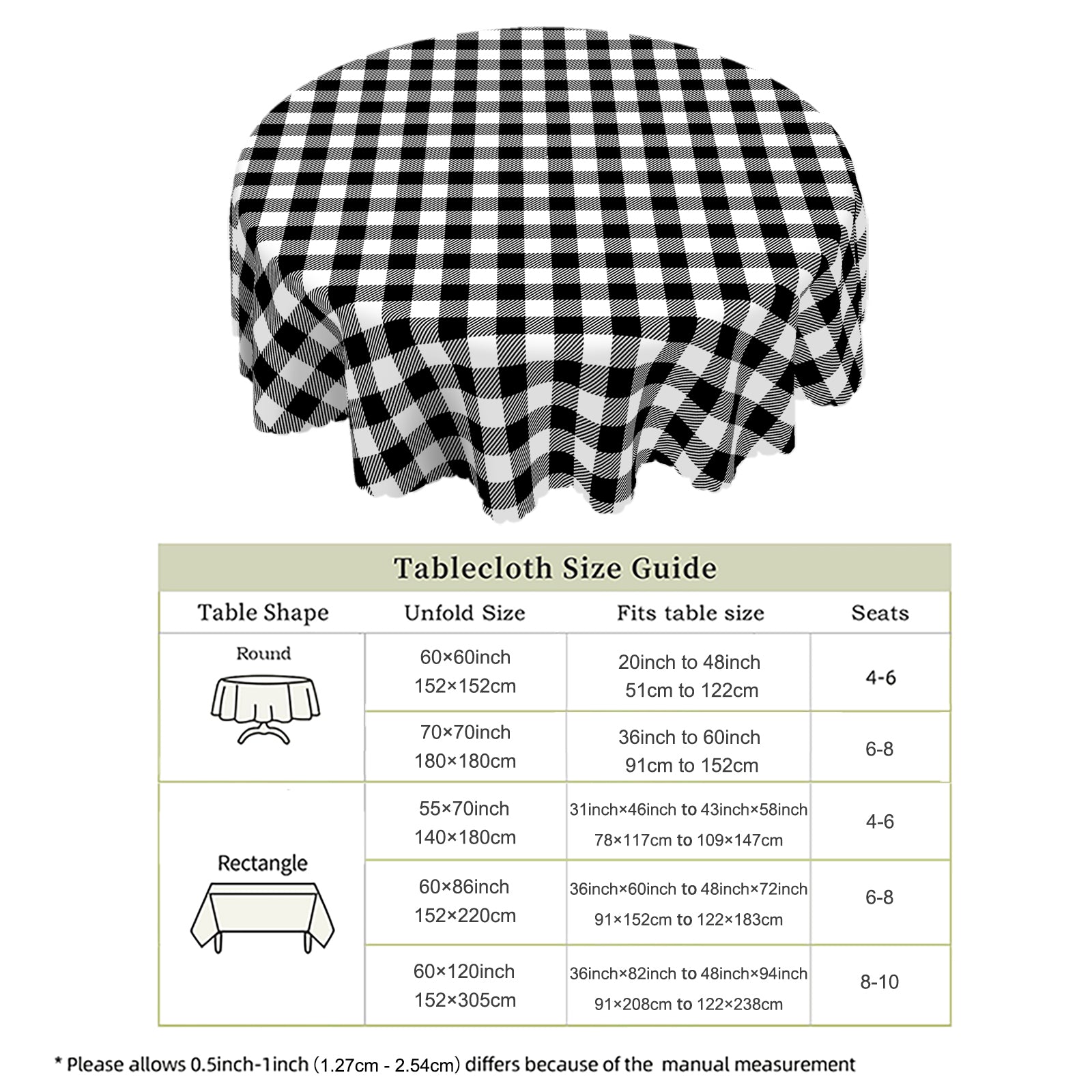 Black and White Plaid Tablecloth, Dustproof Easy-Care Checkered Dining Table Cover for Everyday Use and Festive Decor