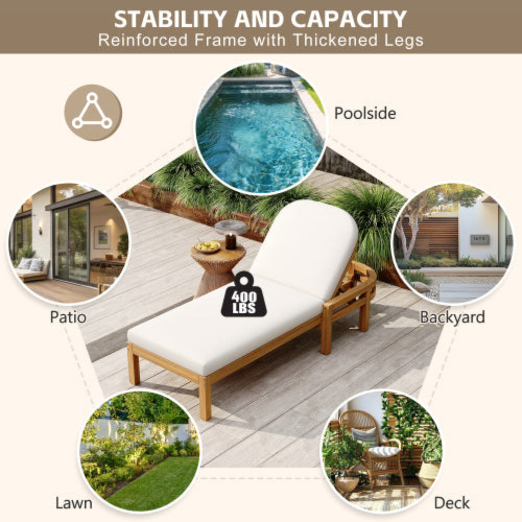 Outdoor Chaise Lounge Premium Acacia Wood Recliner with Arched Backrest for Patio and Poolside