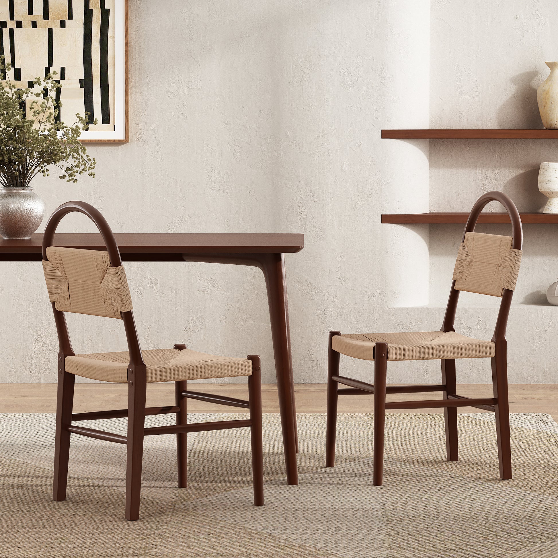 Modern Farmhouse Dining Chairs with Hand-Woven Paper Cord Seat & Wood Frame (Set of 2)