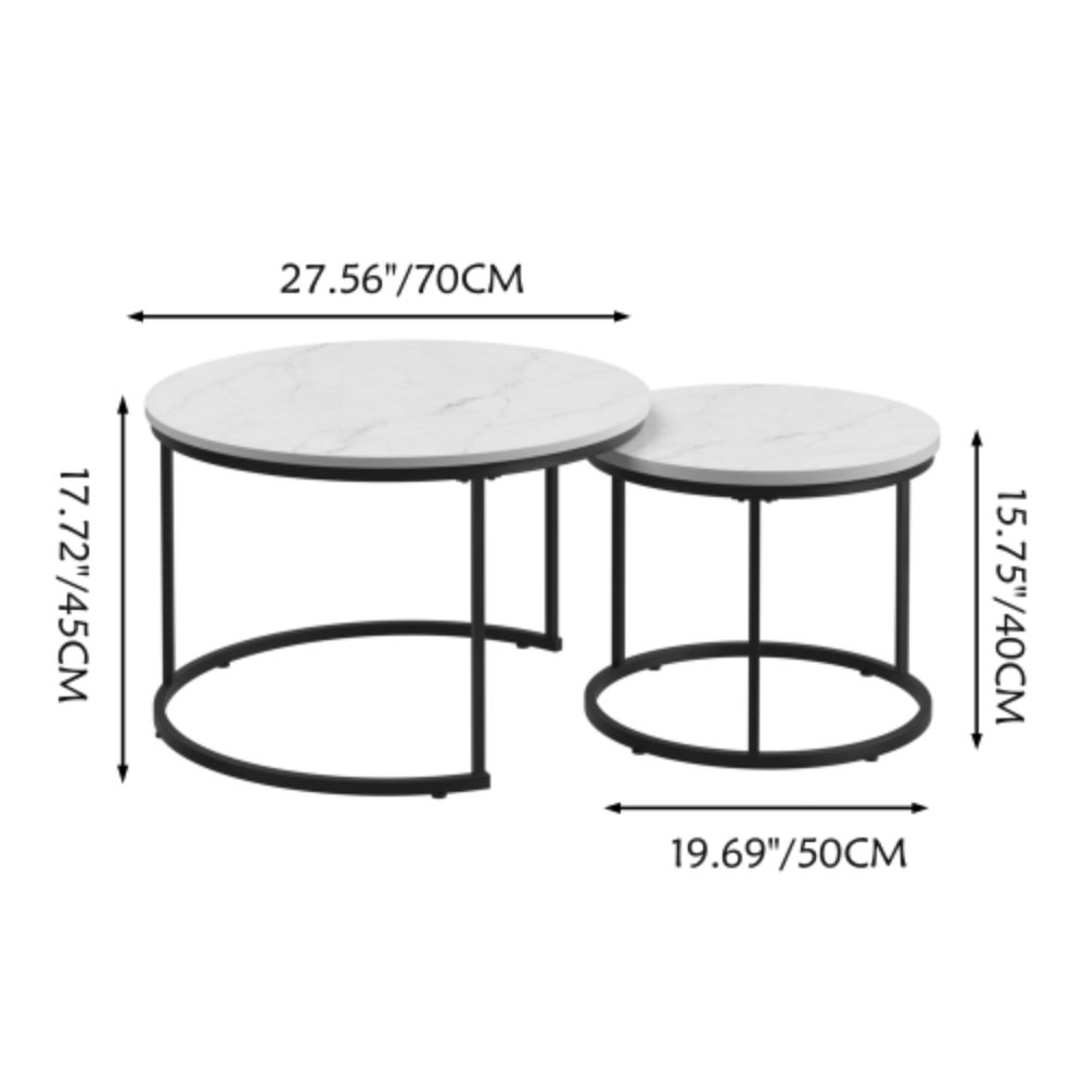 Nesting Coffee Table Set of 2, 27.6" Round Wood Marble Pattern Top, Sturdy Metal Frame, Modern Side End Tables for Home Office - White