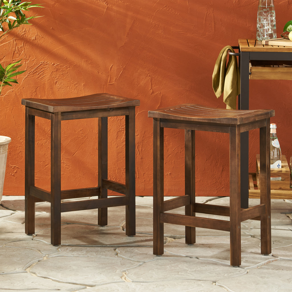 Acacia Wood Counter Height Bar Stools Set of 2, Mahogany Brown Outdoor Patio Kitchen