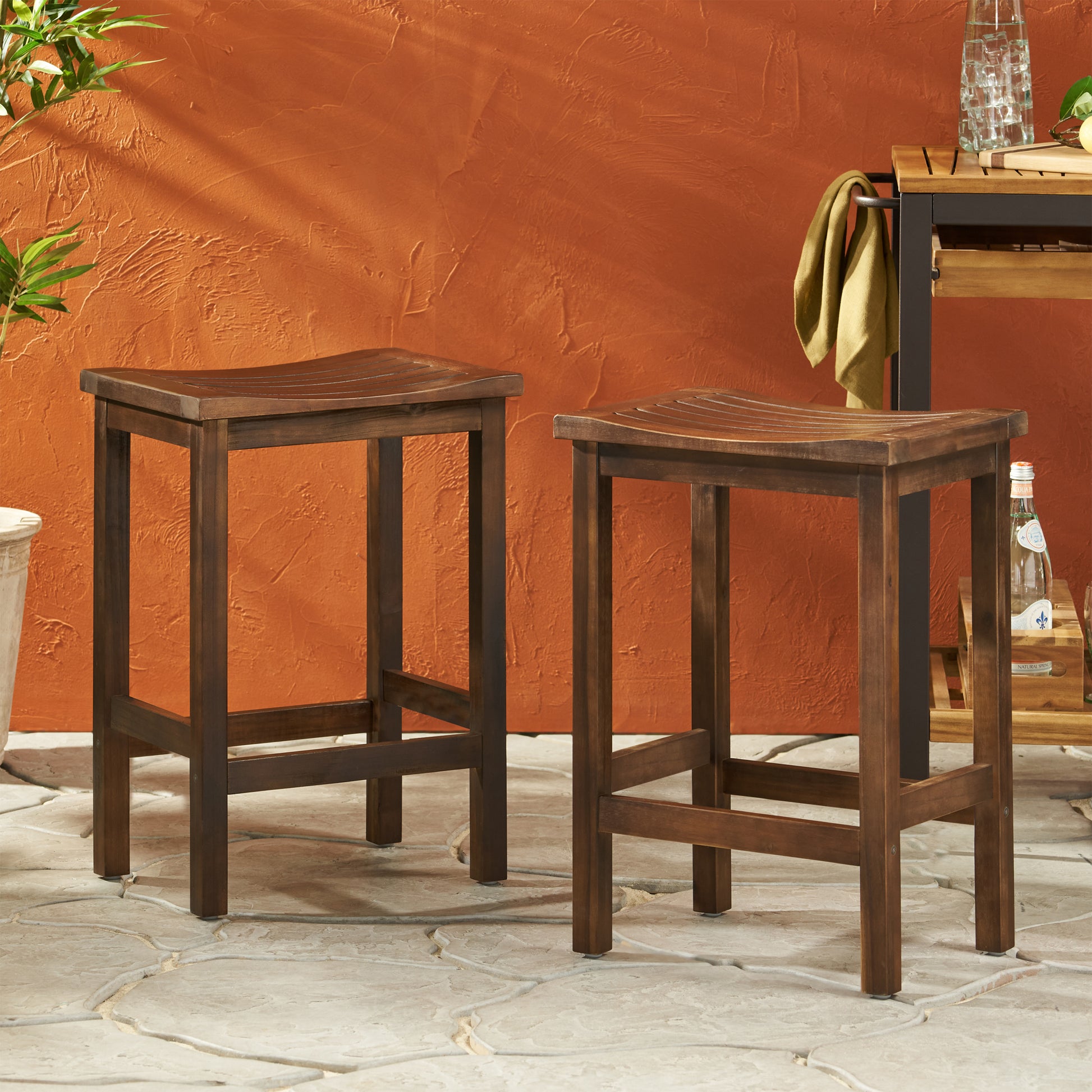 Acacia Wood Counter Height Bar Stools Set of 2, Mahogany Brown Outdoor Patio Kitchen