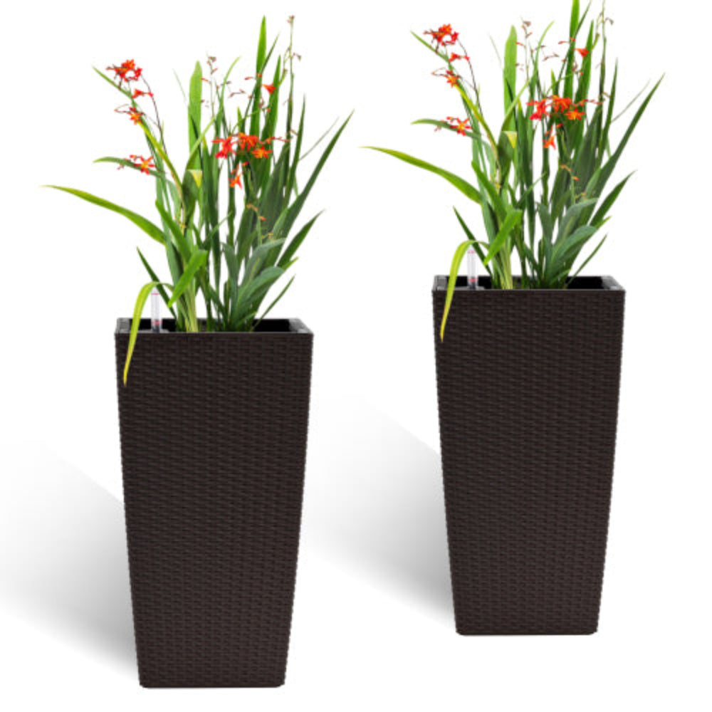 Pack of 2 22-Inch Square Faux Rattan Planters, Flower Pots with Automatic Watering System for Indoor Outdoor Porch Patio Backyard Garden, Brown