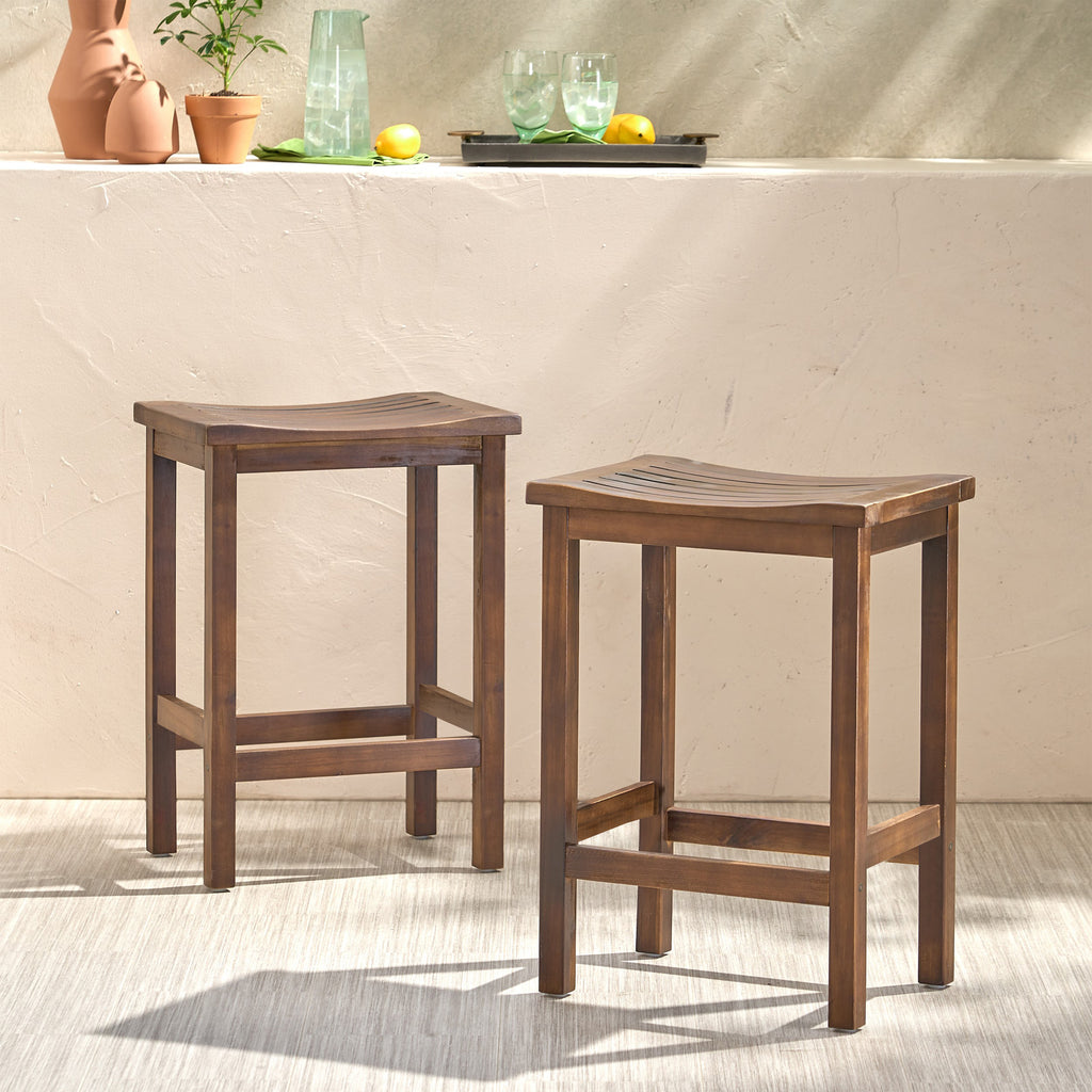Acacia Wood Counter Height Bar Stools Set of 2, Mahogany Brown Outdoor Patio Kitchen