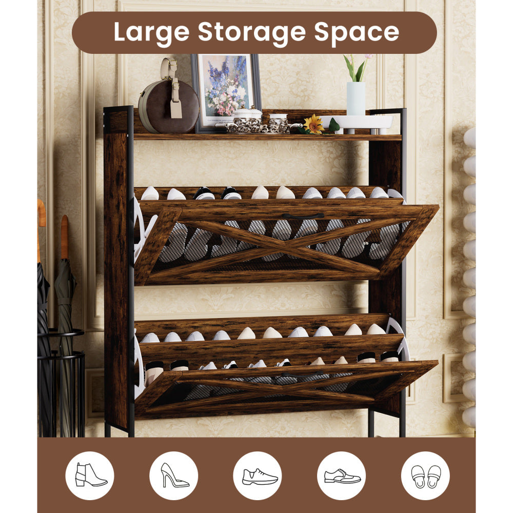 Chic Crate-2-Drawer Flip-Top Shoe Cabinet – Narrow | Entryway | Metal Legs | Rustic Brown | 31.5inx8.5inx39.5in
