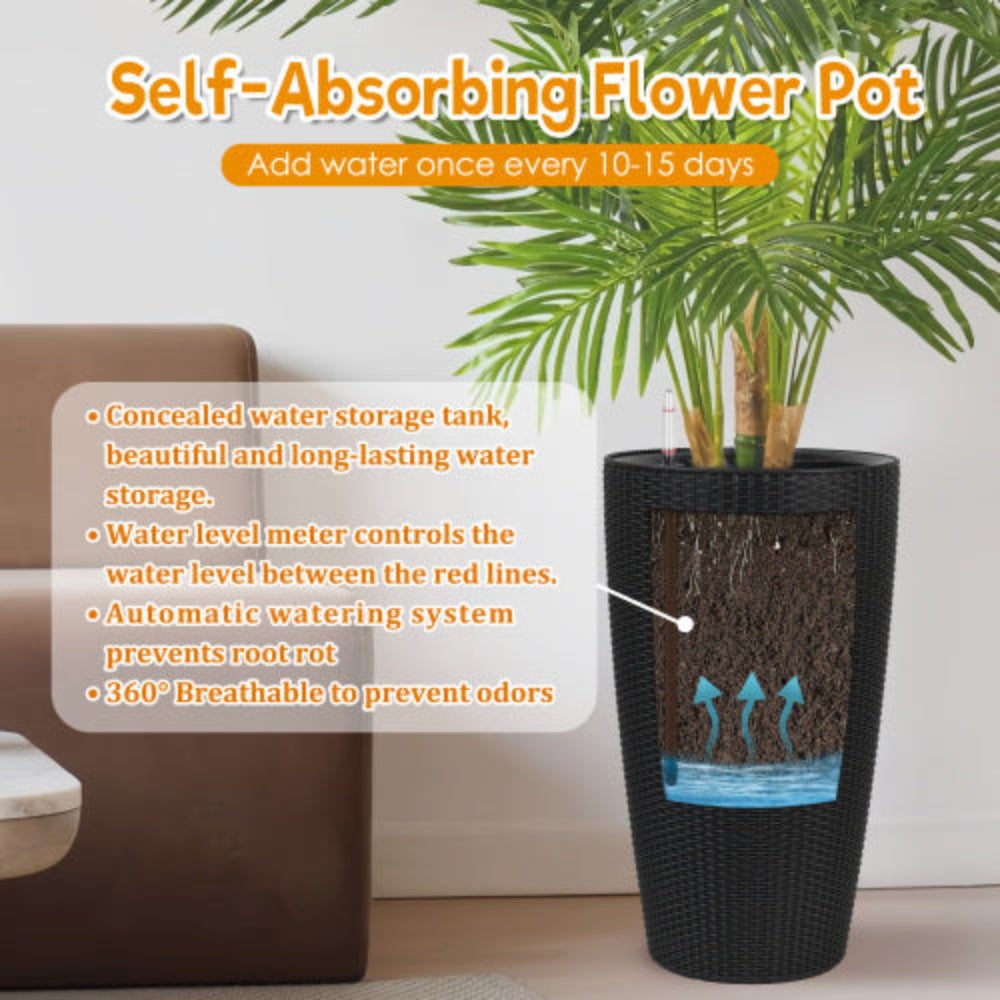 Set of 2 22 Inch Faux Rattan Tall Planters with Automatic Watering, Water Level Monitor & Inner Bucket for Garden Patio Porch Backyard, Black