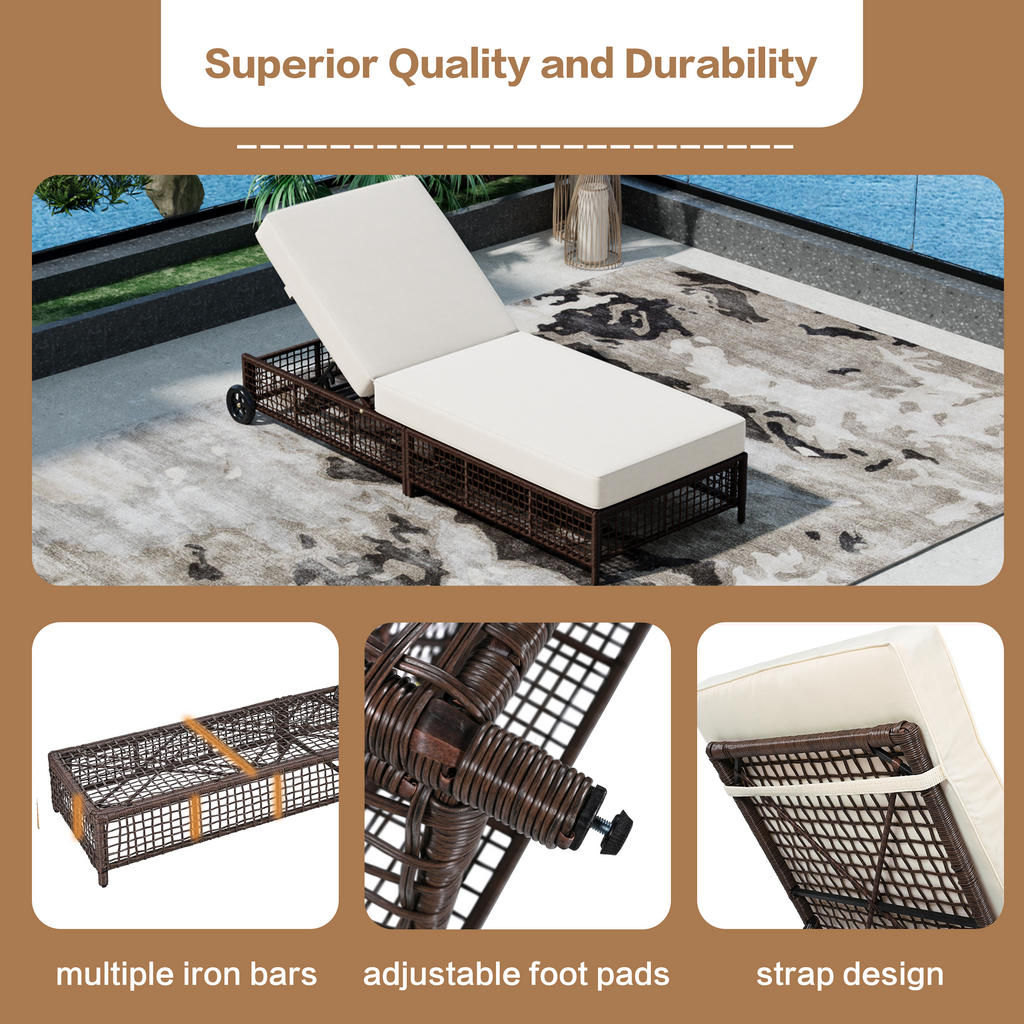 Outdoor Lounge Chair Set of 2, Patio Chaise Lounge with 5-Position Backrest, Rattan Outdoor Lounge Chair with Cushion and Wheels for Poolside, Backyard, Garden