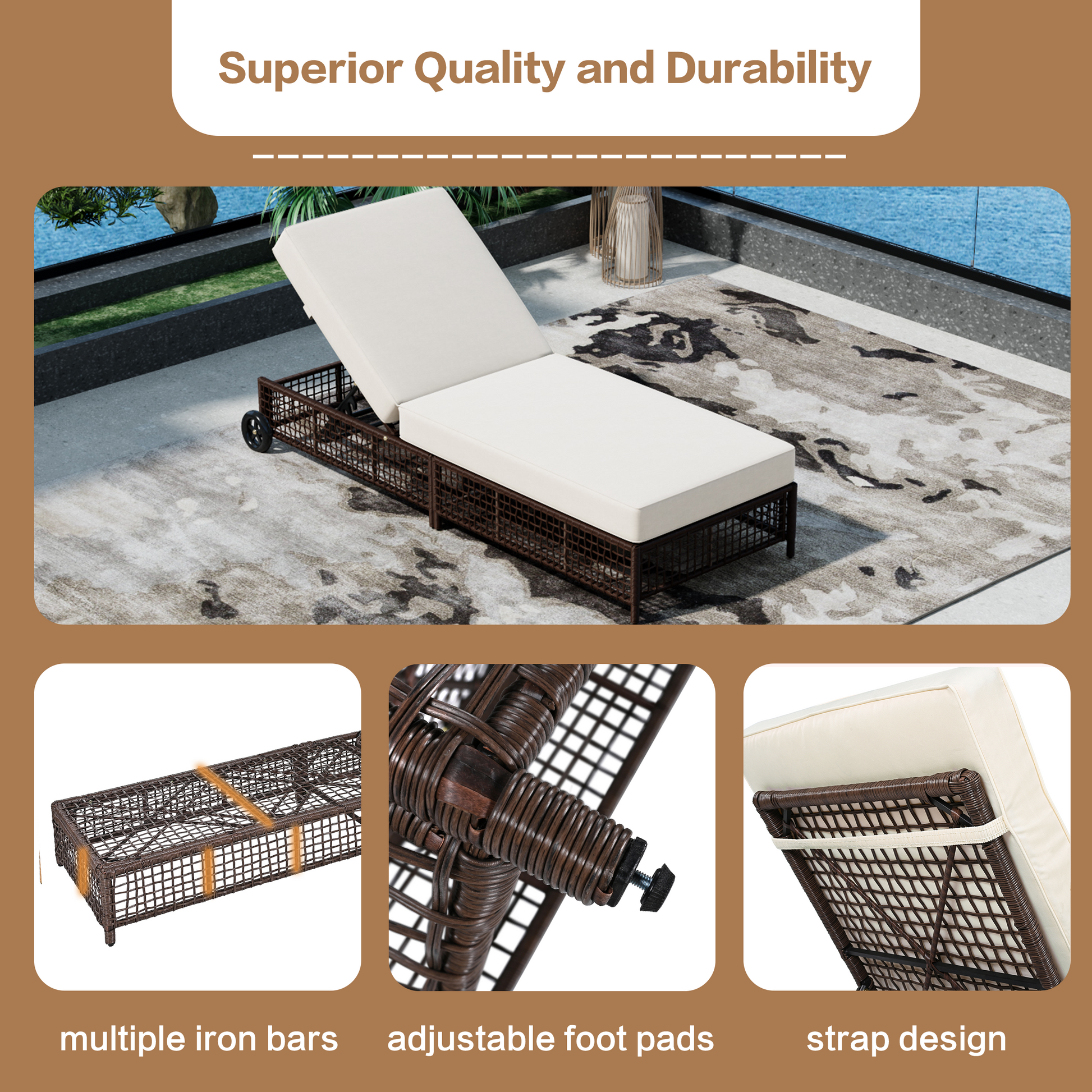 Outdoor Lounge Chair Set of 2, Patio Chaise Lounge with 5-Position Backrest, Rattan Outdoor Lounge Chair with Cushion and Wheels for Poolside, Backyard, Garden